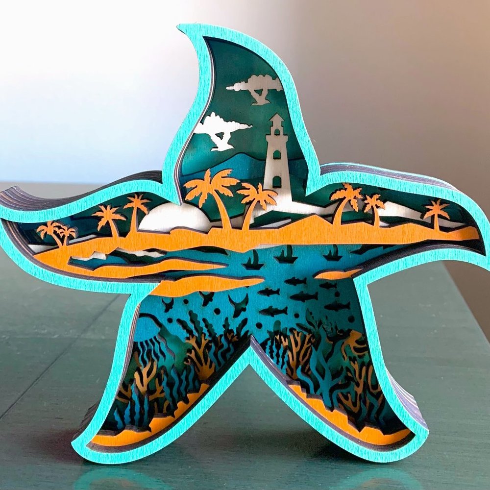 Starfish Sea Star Coastal Ocean Tropical Beach Wooden Wood 3D Shadow Box Diorama